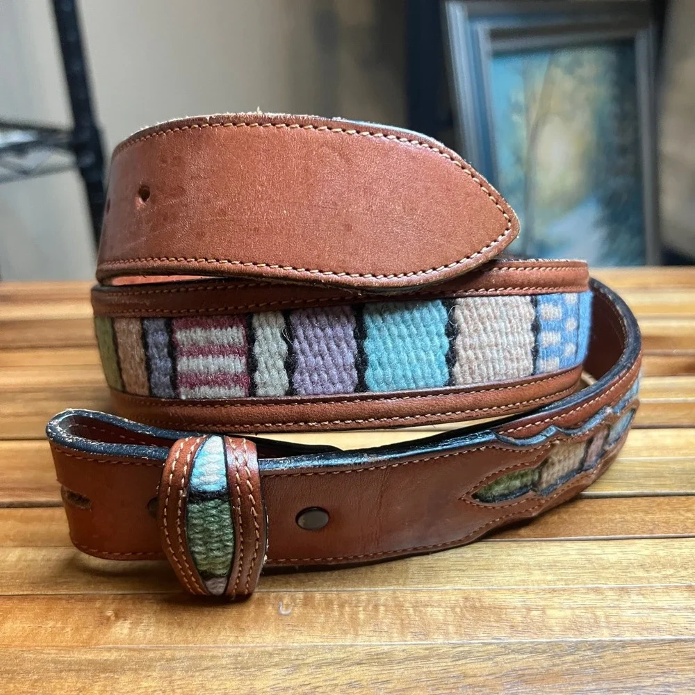 Vintage Brown Leather Southwestern Hand Woven Textile Inlay Belt 38 No Buckle